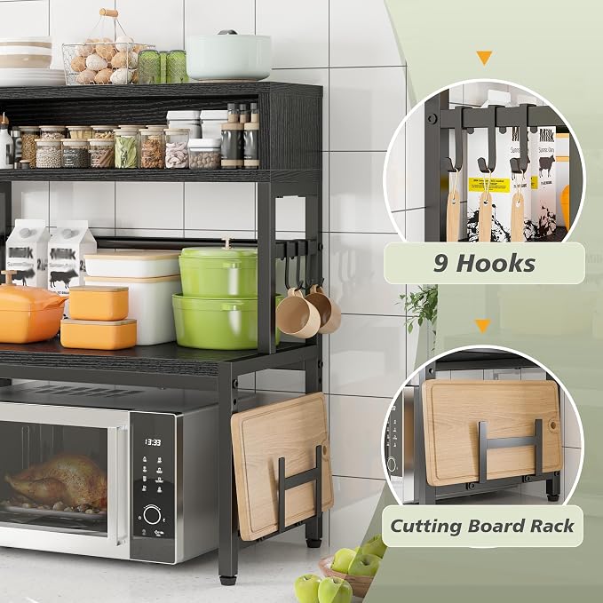 EnHomee 4-Tier Microwave Stand for Kitchen Storage, Black | 205 lb Capacity, Adjustable Kitchen Shelves with 9 Hooks & Cutting Board Rack