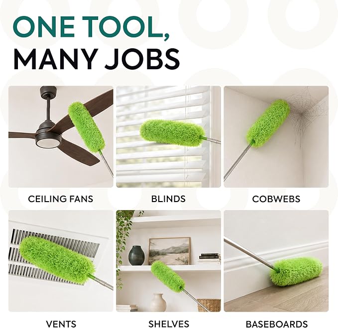 GÜTEWERK Extendable Microfiber Duster, 100 Inch - Feather Dusters for Cleaning Ceiling Fans, Blinds, Baseboards & High Ceilings - Washable, Electrostatic, 360° Bendable Head, Stainless Steel Pole