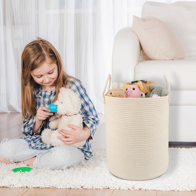 XUANGUO Cotton Rope Laundry Basket Hamper for Clothes, beige | Woven Storage Basket for Living Room Bedroom Boho Tall Rope Baskets for Blanket Toys Pillow Towels Baby Nursery Hamper Bin