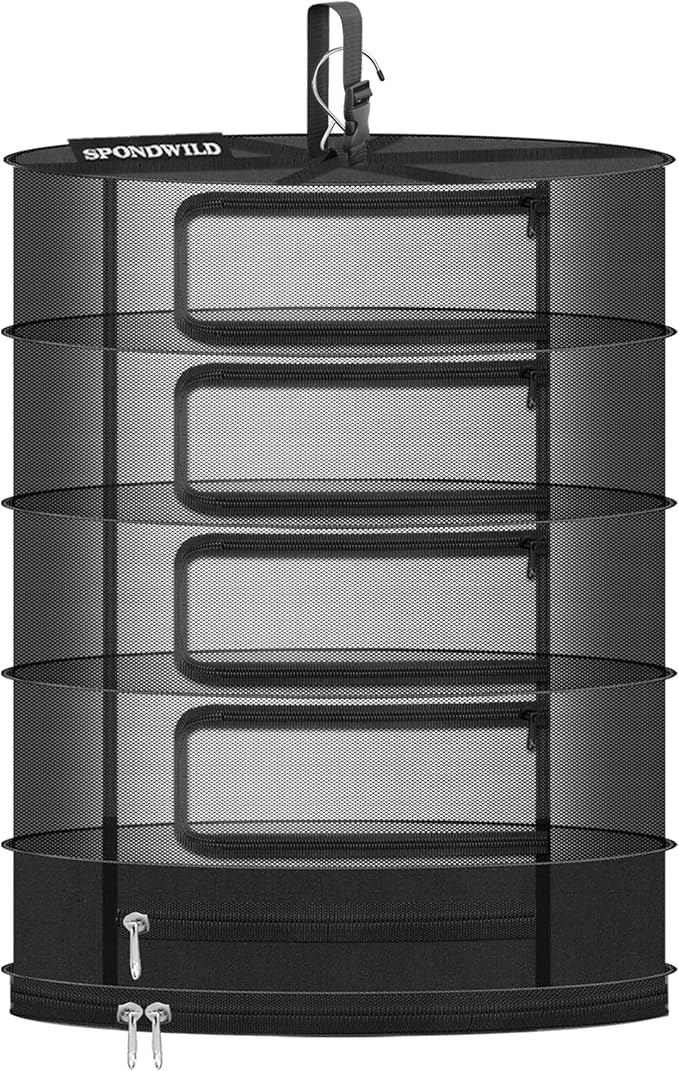 Herb Drying Rack Hanging Mesh, 2ft Diameter 5 Layer Plant Drying Rack with Door Type Zipper & Closed Storage Compartment for Folding Basket Dryer Fiting in Grow Tents, Garden Outdoor