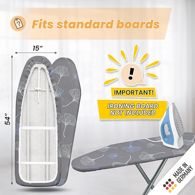 Ironing Board Cover and Pad 15x54 - Made in Germany Iron Board Cover with Heat Reflective Aluminum Coating and Padding- Heavy Duty Iron Board Cotton Cover with Elastic Drawstring Stretch Fit (Ginkgo)