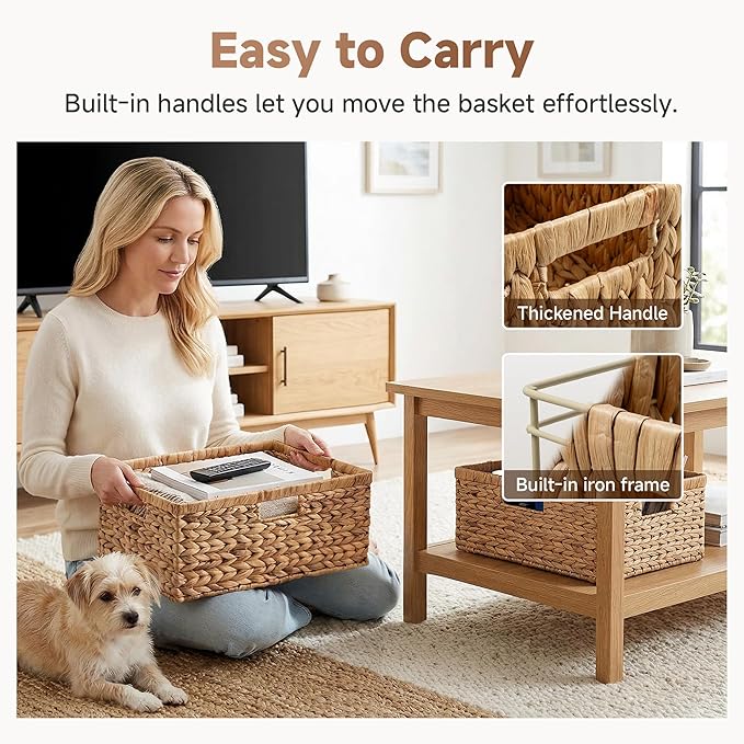 StorageWorks Extra Large Wicker Baskets for Organizing, Water Hyacinth Storage Basket with Built-in Handles, 1 Pack