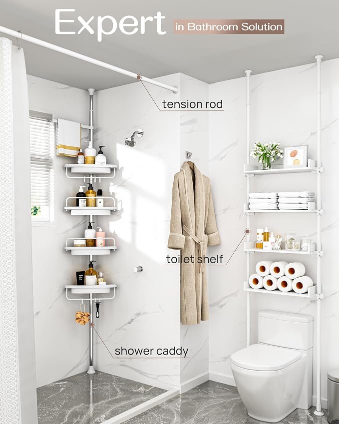 ALLZONE Corner Shower Caddy Tension Pole, Extendable Rustproof Stainless Steel Pole & 4-Tier Adjustable Shelves for Easy Drainage and Built-to-Last Stability, 34 to 116 Inches, White