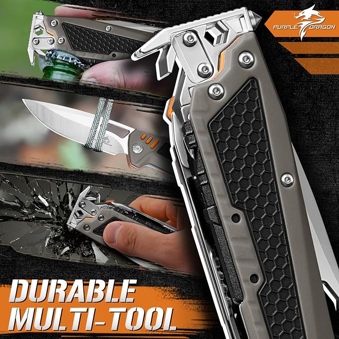 Purple Dragon Multitool, 13-in-1 Pocket Knife with Sheath Grey | Stainless Steel, Auto Lock, Gift Box, Pocket Size, Perfect for Camping, Hiking & Outdoor Use