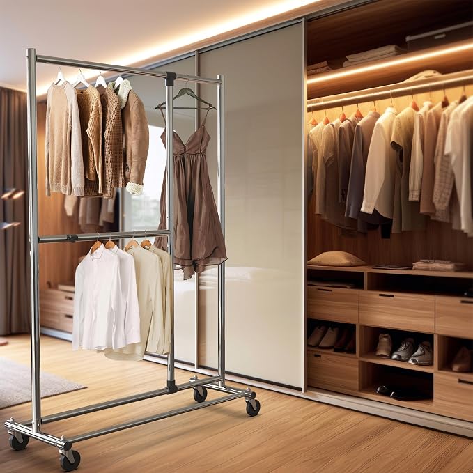 Simple Houseware Dual Bar Adjustable Clothing Garment Rack, 72" H, Chrome | Extendable Middle Bar from 23" to 42.75 Inches Width
