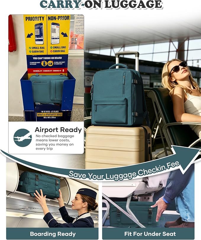 Travel Backpack Women,Carry On Backpack Flight Approved 18x14x8 inches Bag Spirit Airlines Personal ltem,College Sports Hiking Rucksack Waterproof Outdoor Casual Daypack Laptop Blackpack,Peacock Blue