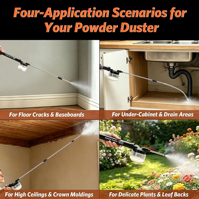 Diatomaceous Earth Powder Duster, 4 FT Adjustable Length Pump Applicator with Adjustable Powder Flow, Portable Dispenser & Sprayer for DE Dust Application