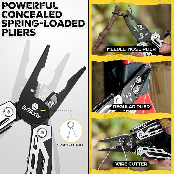 BIBURY Multitool, 21-in-1 Stainless Steel Pocket Knife with Scissors,Sheath | EDC Self-locking Multi Tool Pliers for Outdoor, Survival, Camping, Hiking, Home Repair, Gadgets Gift for Men | BI2029AB
