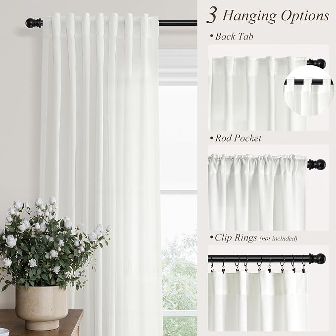 Hokibero Ivory Linen Curtains 90 Inches Long for Living Room 2 Panels | Light Filtering Sheer Curtain, Back Tab Rod Pocket Pleated Look, Textured Privacy Drapes for Bedroom Window, Boho Farmhouse