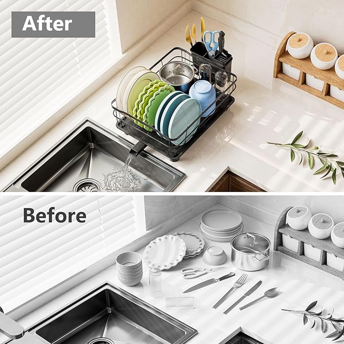 AIDERLY Auto Drain Metal Dish Drying Rack Dish Drainers, All Black | with Draining Tray, Strainer, for Kitchen Counter, Sink