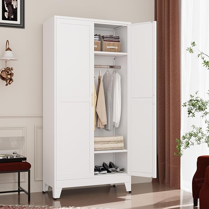 GAIOUS Metal Wardrobe Cabinet with Hanging Rod, Clothing Storage Cabinets | with 2 Doors and Adjustable Shelves, 71" Metal White Armoire Wardrobe Closet for Bedroom, Laundry Room, Cloak Room