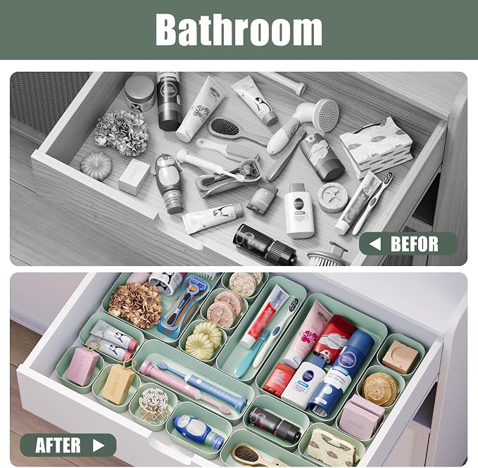 Drawer Organizers Bins 18 PCS for Bathroom Makeup Desk Office | with Non-slip Pads, 4 Sizes, Plastic Tray, Vanity Organizer, Kitchen Utensils Organizer