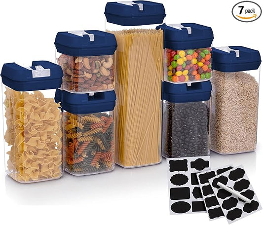Set of 7 Airtight Food Storage Containers - Pantry Organizer Bins, BPA Free Plastic Containers plus Dry Erase Marker and Labels, Navy Blue