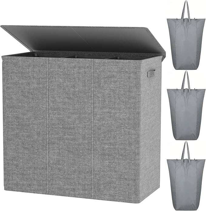 WOWLIVE 180L Laundry Hamper 3 Section, Large Laundry Basket with Lid | Dirty Clothes Hampers with Removable Bags and Handles, Collapsible Laundry Basket Organizer for Dorm Room, College, Grey
