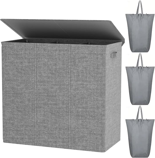 WOWLIVE 180L Laundry Hamper 3 Section, Large Laundry Basket with Lid | Dirty Clothes Hampers with Removable Bags and Handles, Collapsible Laundry Basket Organizer for Dorm Room, College, Grey