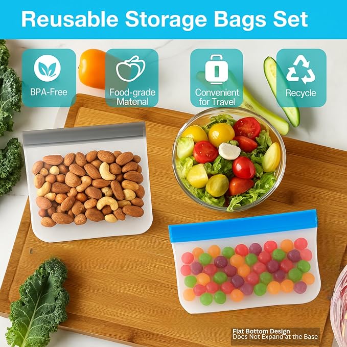 7 Pack Reusable Sandwich Storage Bags, BPA Free Leakproof Food Storage, Dishwasher Safe and Silicone-Free Freezer Bags