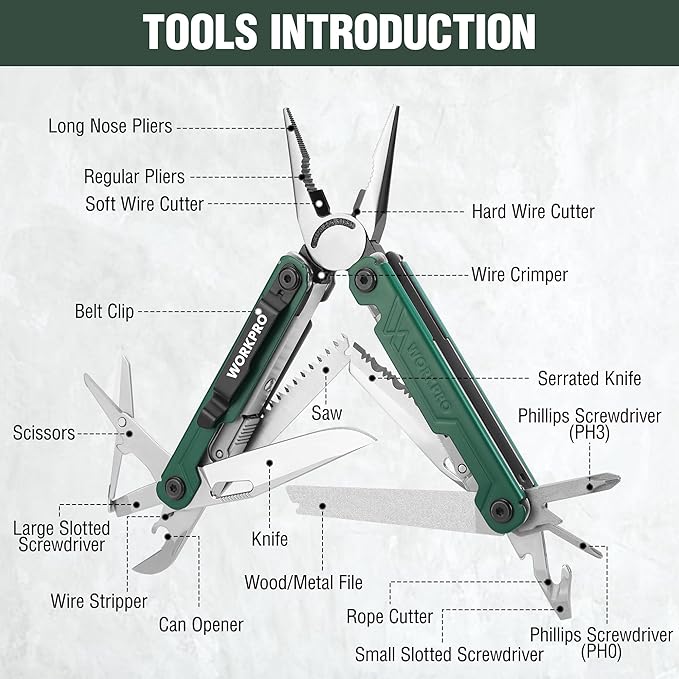 WORKPRO 18-in-1 Multi Tool Pliers, Gifts for Men, Stainless Steel EDC Multitool with Pocket Knife, 2 Safety Locks, Belt Clip and Oxford Pouch, Utility Multiuse Tool for Camping (Pack of 2)