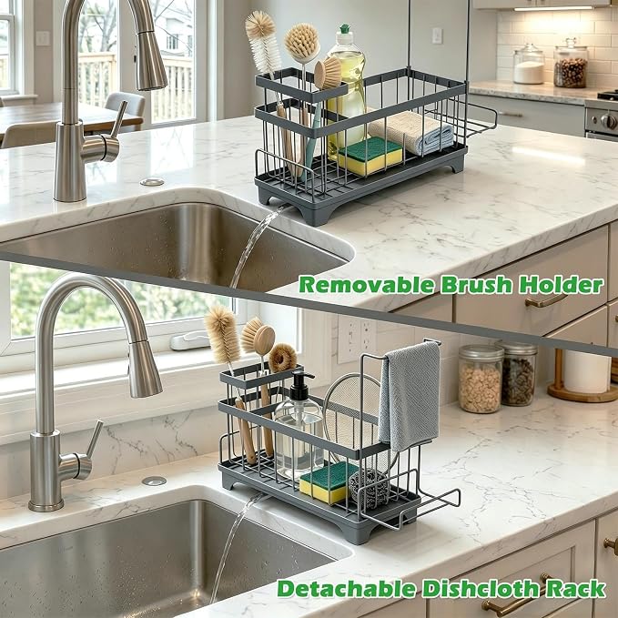 Sponge Holder for Kitchen Sink, Self-Draining Sink Caddy with Detachable Cloth & Dish Brush Rack, Metal Sponge Caddy Organizer for Kitchen Countertop Organizers and Storage Accessories, Gray