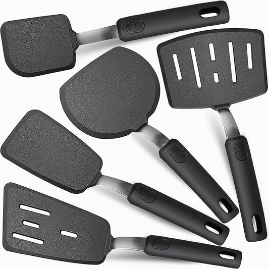 Silicone Spatula Set for Nonstick Cookware, Mixed 5 Piece 600°F Heat-Resistant Kitchen Cooking Utensils Set for Egg,Pancake,Burger - Entire Stainless Steel Core with Silicone, Dishwasher Safe,Black