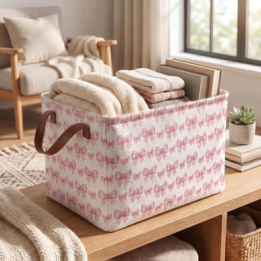 Pink Bow Storage Gift Basket: Waterproof Polyester Collapsible Storage Bin