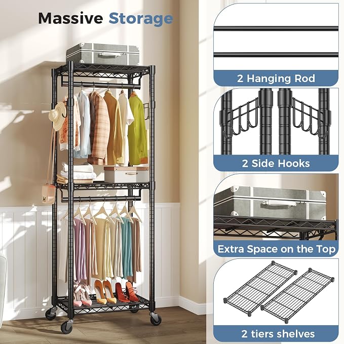 OLIXIS Rolling Clothes Rack, Heavy Duty Garment Rack, 23 IN, Metal Black | Adjustable Closet Organizer for Hanging Clothes, Portable Closet with 2 Side Hooks