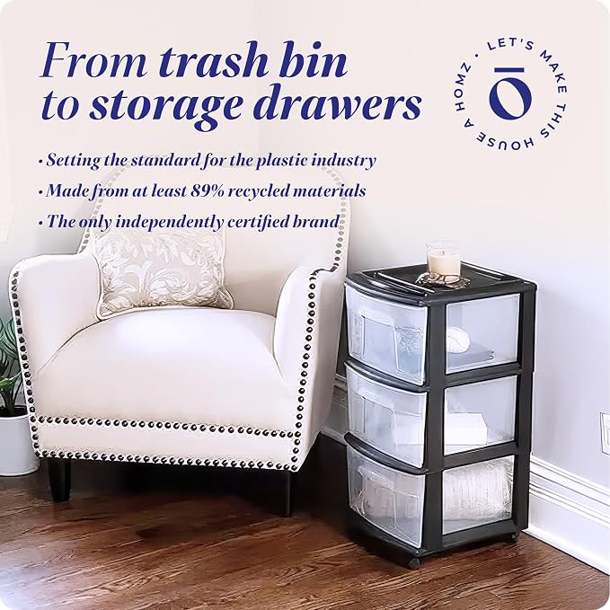 HOMZ Drawer Tower, 3-Tier Storage Cart with Removable Wheels, Black Frame | Plastic Organizer with Clear Bin Drawers for Bedroom, Bathroom, Home Office, and Dorm Rooms