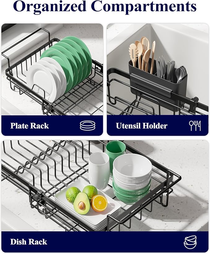 Kitsure Dish Drying Rack – Expandable in-Sink or Over-Sink Dish Rack for Kitchen Counter, Rust-Resistant Metal Dish Strainer with Cutlery Holder, 10.82"-17.12" L x 11.02" W x 3.93" H, Black
