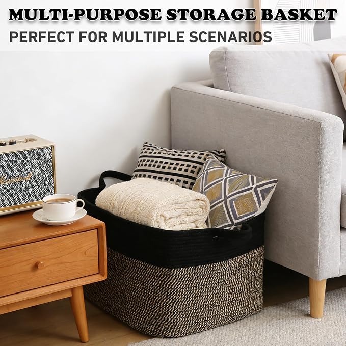 65L Laundry Basket with Handles, Woven Blanket Basket, Black/Jute | 21"×16"×12" Collapsible Cotton Rope Storage Basket for Toys Clothes & Pillows, Nursery, Bathroom, Bedroom, Living Room