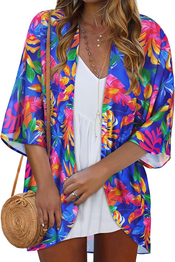 Women Kimono Cardigans Summer Cover Up Hawaiian Shirts Floral Print Tops | ROSEMIA chiffon kimono open front cardigans, beach cover ups, daily casual tops, cruise outfits, summer resort wear
