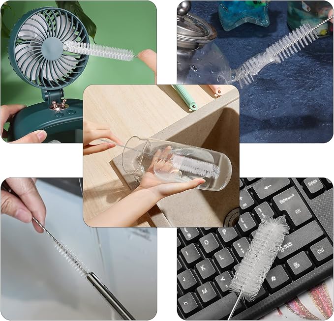 CiaraQ Bottle Cleaning Brushes, 9.8 Inch Nylon Tube Brush Set | White Cleaner for Narrow Neck Bottles Cups with Hook, Set of 10pcs