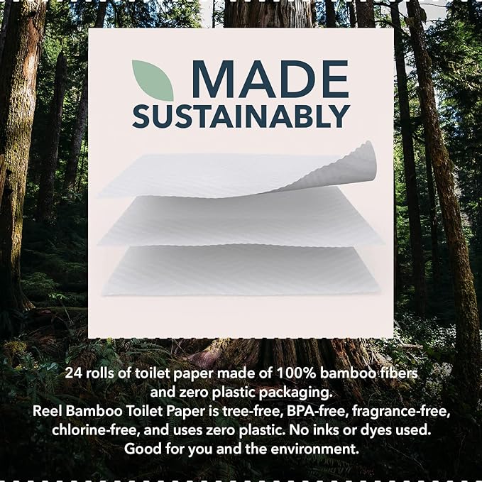 Reel Premium Bulk Bamboo Toilet Paper - 48 Rolls of Toilet Paper - 3-Ply Made From Tree-Free - Zero Plastic Packaging, Septic Safe