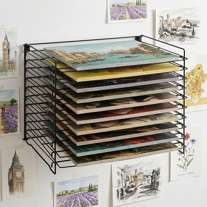 Wall Mount & Tabletop Art Drying Rack for Classroom, Art Storage Rack for Painting Canvas with10 Removable Shelves, Pizza Stone Pan Rack, Desk Organizers, Vinyl Roll Storage Holder