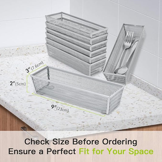 Neudeco Silverware Organizer,Mesh Drawer Organizer for Kitchen，Metal Utensil Organizer for Flatware, Knives, Spoons,Cosmetic (Silver 9 * 3 * 2 inch Pack6)