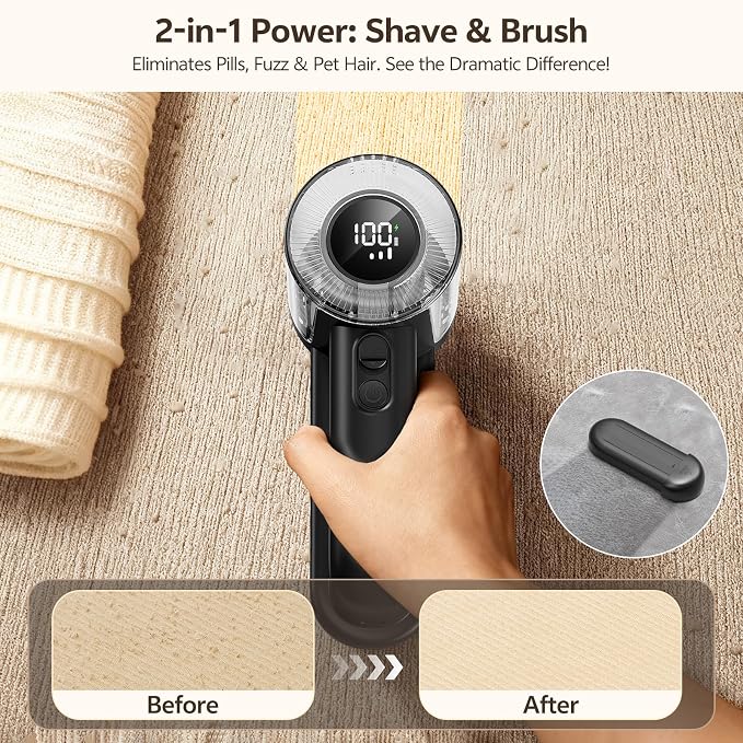 Rechargeable Fabric Shaver, 2-in-1 Lint Remover with 6-Blade | For sweaters, blankets, coats and cloth upholstery, with 200ml container, LED display, USB-C charging and 3 speeds