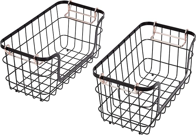 Amazon Basics Stackable Metal Wire Rectangular Storage Baskets for Kitchen, Bathroom or Pantry Organizing, 2 Count, Black (Pack of 4)