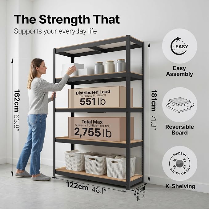 HOMEDANT House 48.1" W 5 Tier Heavy Duty Garage Shelving Adjustable Metal Rack Storage Shelves Standing Shelf Unit Organizers Industrial Warehouse Basement Black 1Pack