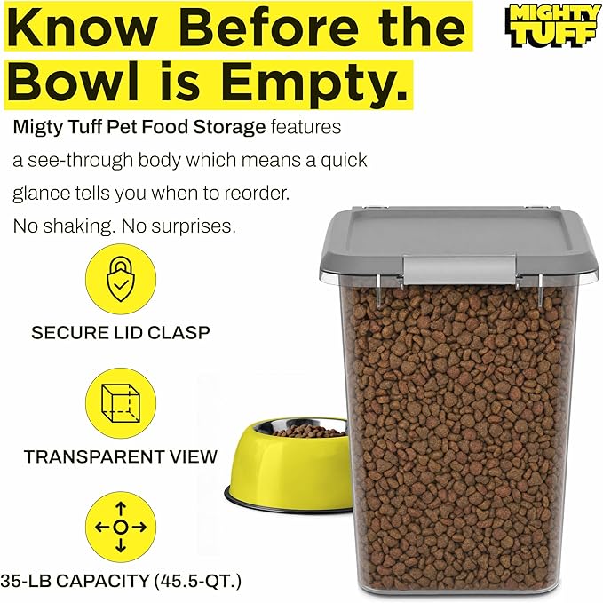 Mighty Tuff 35 lb Dog Food Container with Secure Lid Clasp, Airtight Cat Food Storage Bin, Clear Plastic Pet Food Storage Container with Lid for Kitchen Pantry Organization