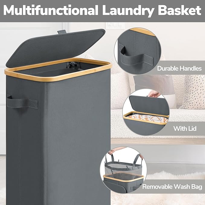 Goodpick 75L Slim Rolling Laundry Hamper with Wheels, Gray | 17 × 9.8 × 29.5 in, Lid Design, Collapsible, Removable Laundry Bag, Dorm & Bathroom Organization, Clothes & Bedding Storage