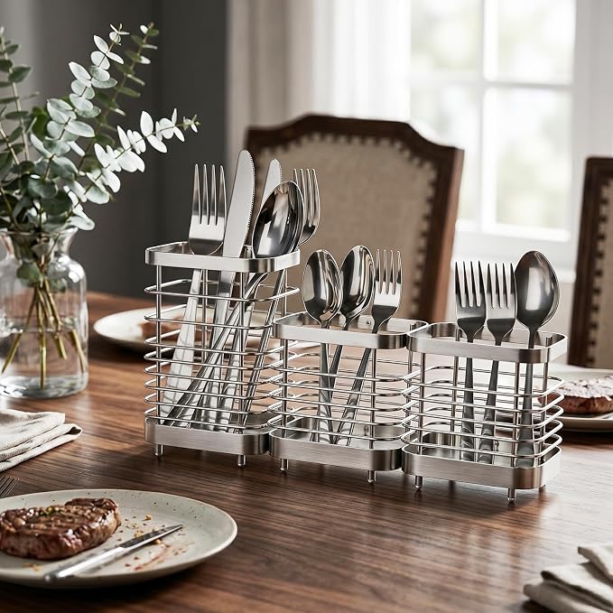 Utensil Holder, Stainless Steel Utensil Drying Rack for Kitchen Counter, Silverware Cutlery Flatware Holder Forks, Knives, Spoons, Chopsticks Organizer (1 Large + 2 Small)