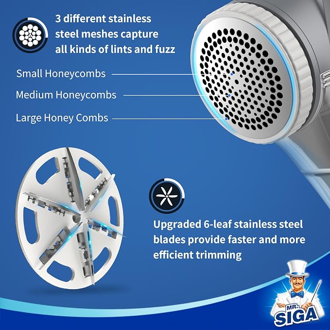MR.SIGA Fabric Shaver and Lint Remover with 2 Replaceable 6-Leaf Blades | Battery operated portable lint shaver with LED lights, sweater defuzzer for clothes, couch