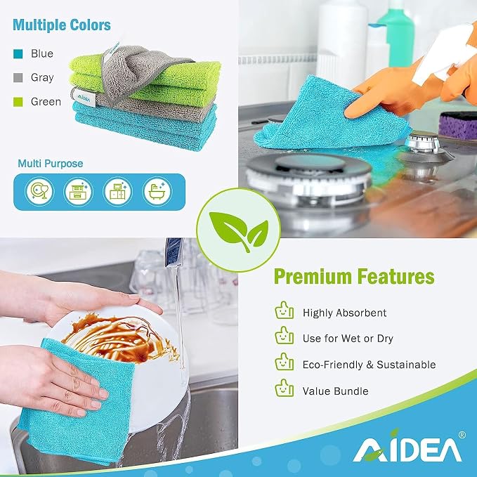 AIDEA Microfiber Cleaning Cloth-200PK, Microfiber Towels for Cars 12"x12" | Absorbent Cleaning Rags, Reusable Microfiber Towels Lint-Free, Dish Rags Streak-Free for Home /Kitchen Bulk Rags (Multicolor)