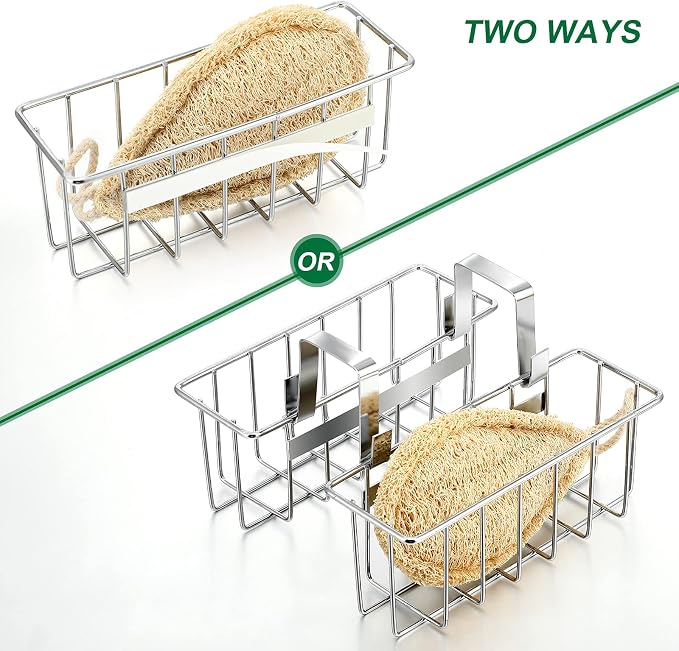 Hotop 2 Pieces Sponge Holder Kitchen Sink Caddy Metal Sink Organizer Basket for Scrubber Soap Towel Brush Dishwashing Liquid Drainer Rack in Kitchen Bathroom Bathtub, Silver