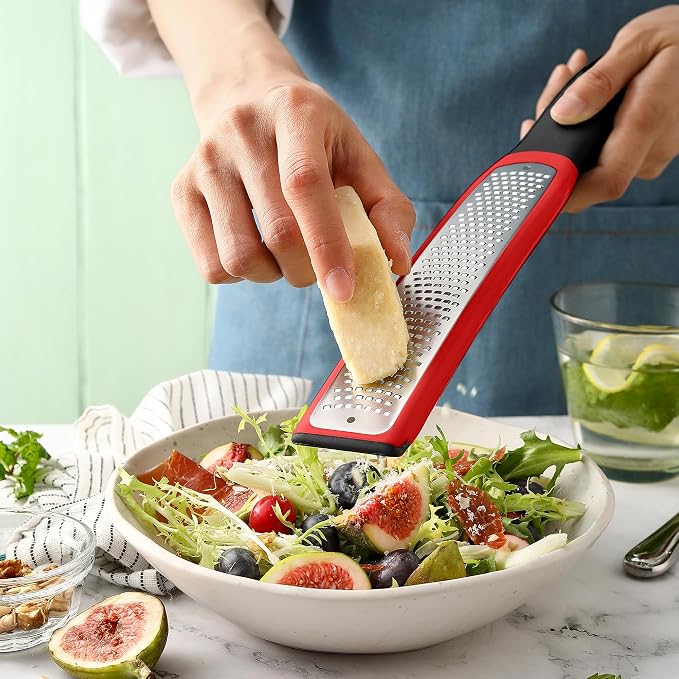Spring Chef Premium Red Lemon Zester Grater with Handle - Fruit, Garlic, Citrus, Nutmeg, Orange Zester Tool - Heavy Duty Kitchen Shredder - Stainless Steel Ginger Grater with Blade Cover - Fine Shred