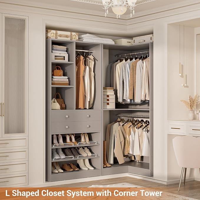 Besiost Closet System with 2 Drawers, 3 Hanging Rods, 59.5" * 31.5" Closet Organizer System with Corner Tower, Reversible L Shaped Walk-in Closet System, Corner Closet System Set of 2, Morandi Grey