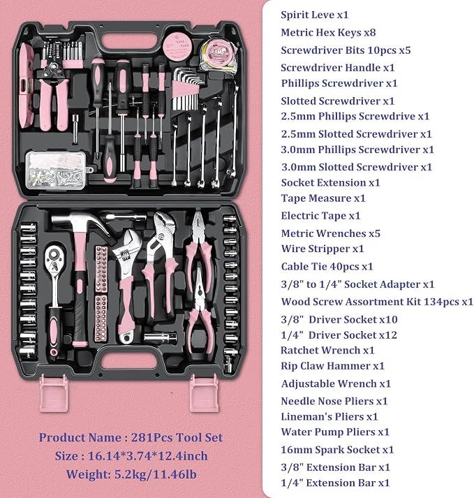 Sundpey 281 Pcs Home Tool Kit Portable Complete General Hand Tool Set Pink | with Socket Wrench Set & Screwdrivers & Hex Keys & Pliers Set,Women Toolbox Set for Household Car House Garage Apartment Dorm
