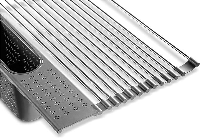 edge Roll Up Dish Drainer, Over The Sink Multi-Purpose Foldable Drying Rack with Caddy, Gray, Large - 20"x11"