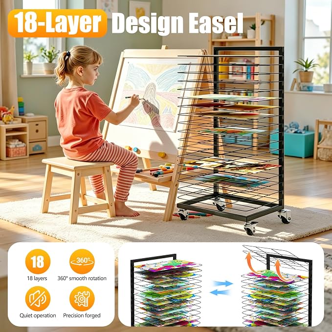 Art Drying Rack for Classroom – 18 Removable Shelves, Mobile Rolling Metal Painting Drying Rack with Locking Casters, Paint Rack for Art Studio, School & Home