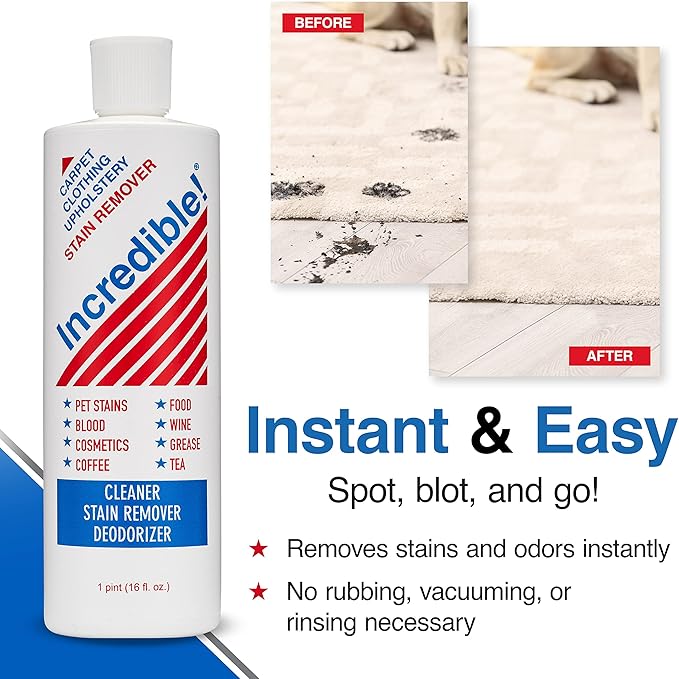 INCREDIBLE! Stain Remover | Instant Spot Remover for New & Old Stains | Cleaner, Stain Removal, Deodorizer - For Blood, Red Wine, Coffee, Urine & Pet Stains | Carpets, Laundry & Upholstery | 2 Pack