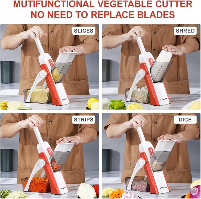 5 in 1 Adjustable Safe Mandoline Slicer for Kitchen with Paring Knife | Safe Mandoline Slicer for Kitchen, Easy to Clean/Storage, Potato Slicing, Strips, Shredding, Dicing, Chop, Cleaning brush