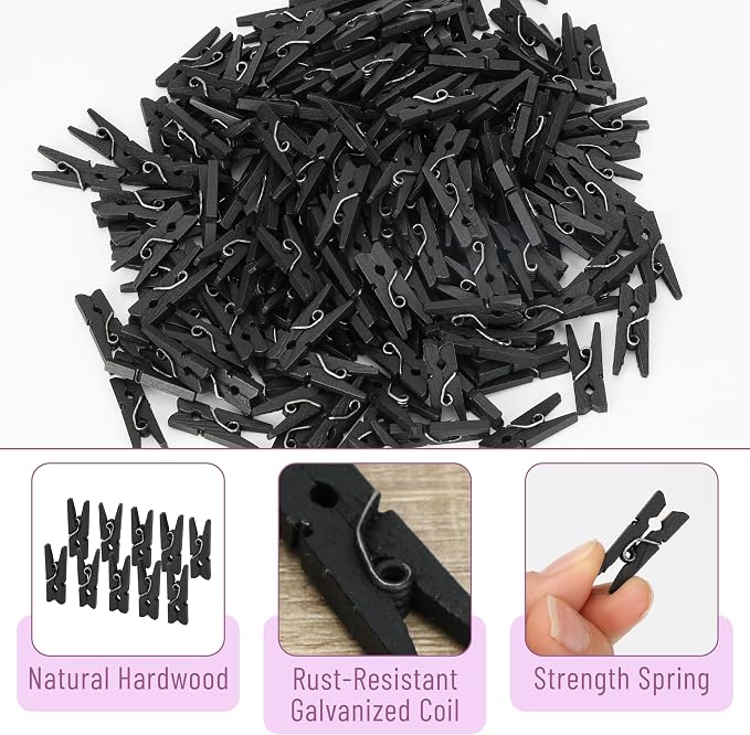 Mr. Pen- Mini Wooden Clothes Pins for Photo, 1 Inch, 200 Pack, Black Small Clothespins with 10 Meter Jute Twine for Scrapbooking, Labeling Plants, Gift Tags, Tiny Crafts, Photo Display, Decoration